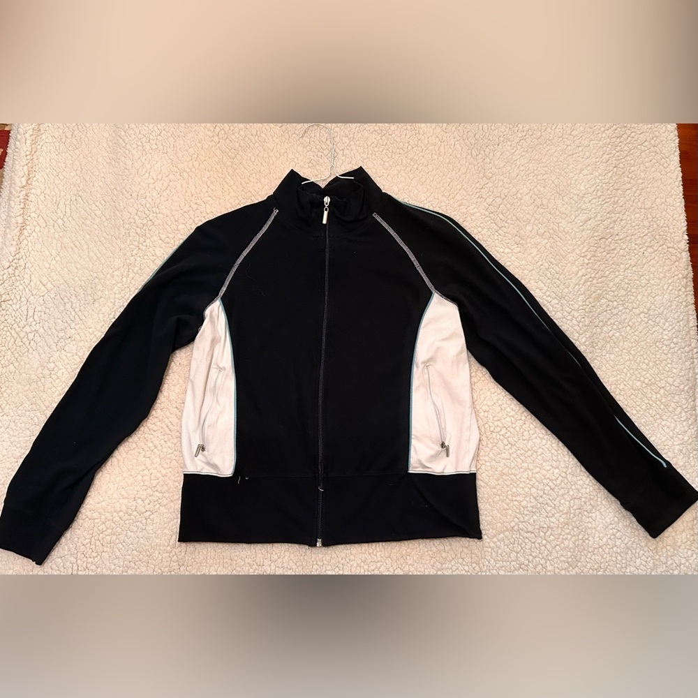 Vintage Y2K zippered warm up jacket Fuda ladies L black white blue track yoga